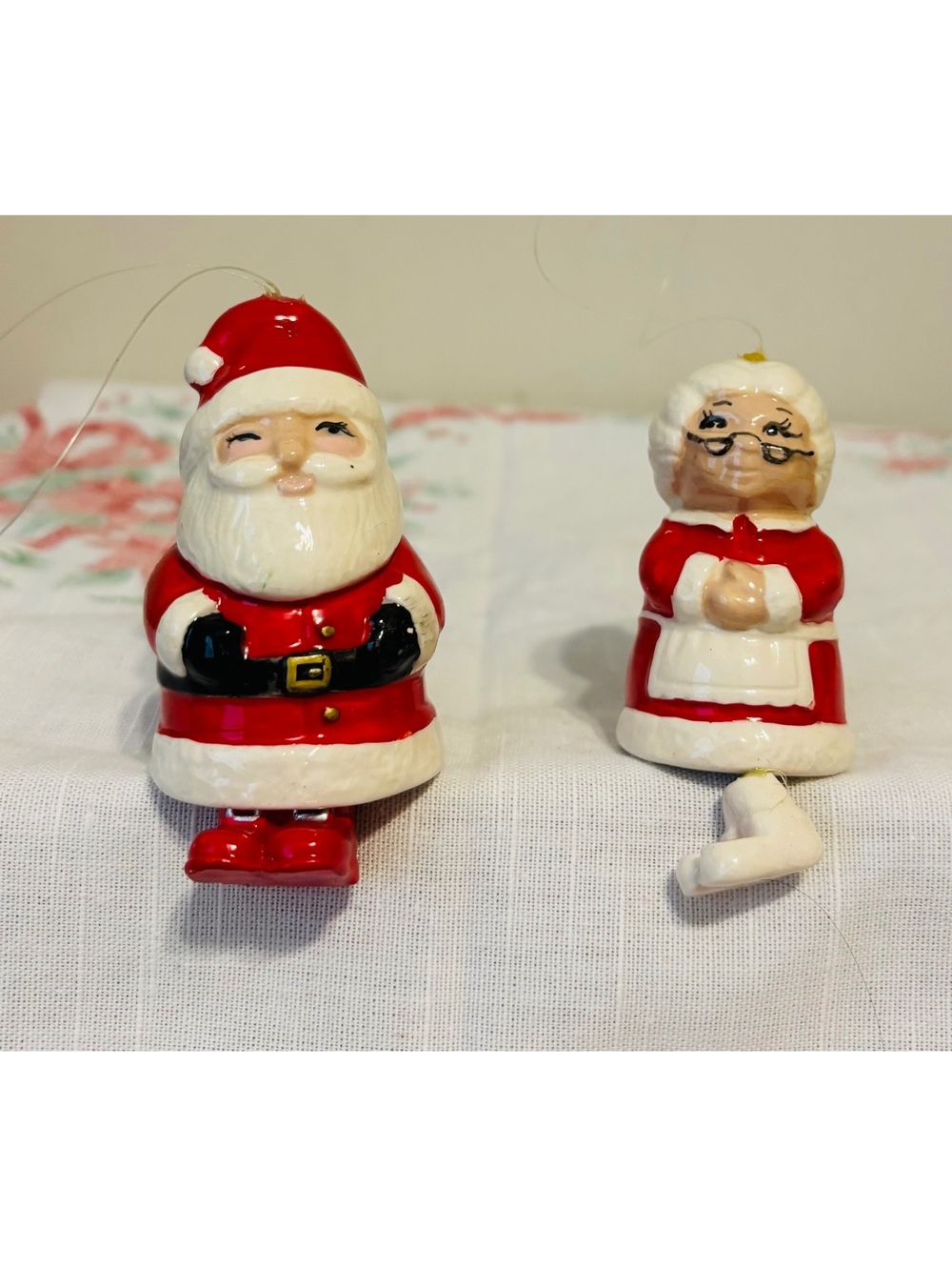 VTG Porcelain Figural Santa Mrs Claus Bell Ornament Set Dangling Boots MCM